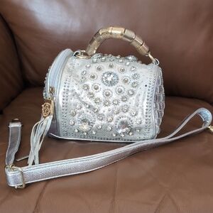 Unique Silver Embellished Handbag With Crossbody Strap.